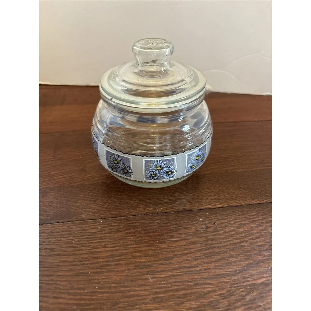 KIG Indonesia Glass Canister Storage Apothecary Jar with Lid Flowers Blue Yellow